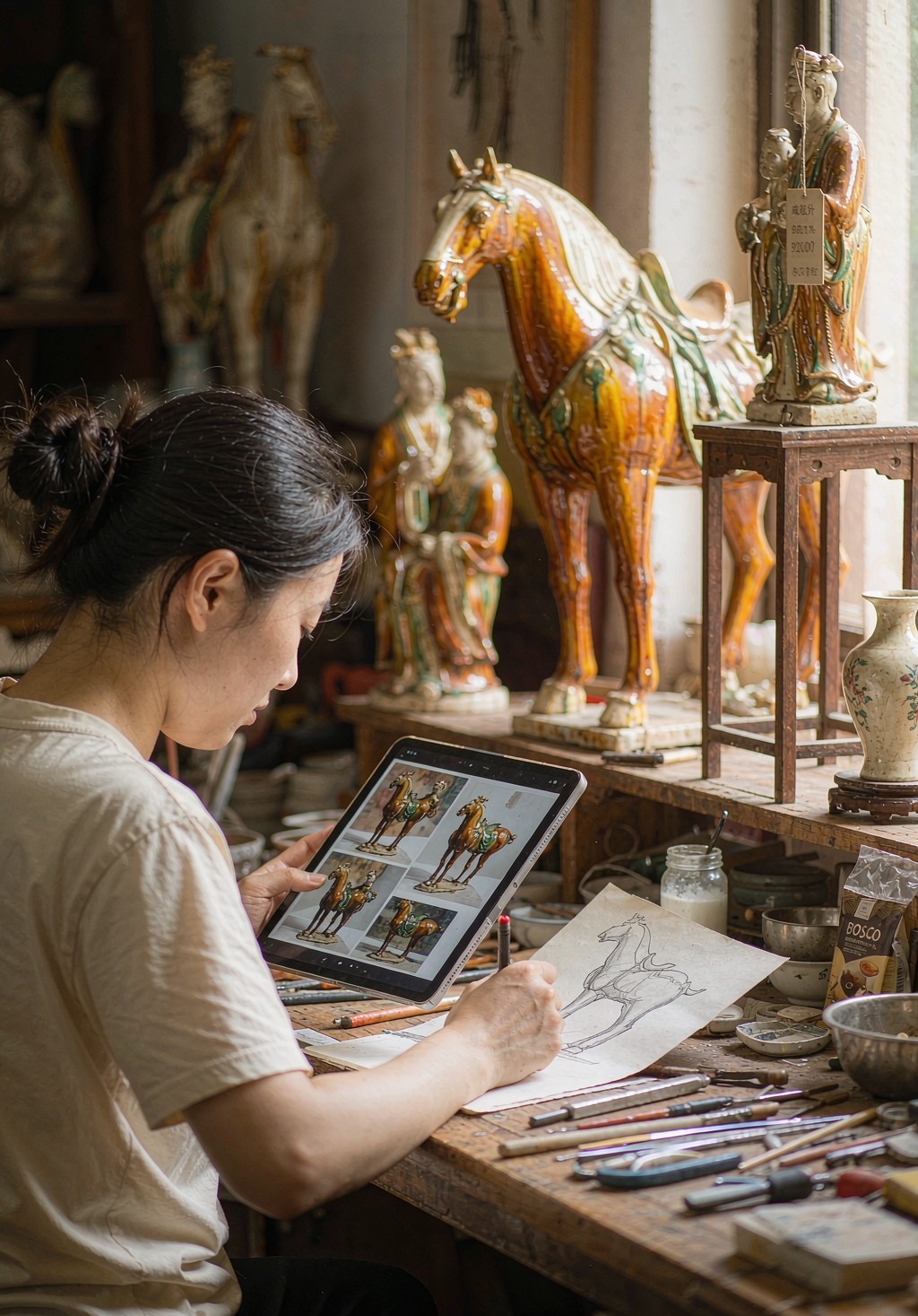 A ceramic designer in the workshop sketching a Tang Sancai horse, with finished sancai horses and figures nearby