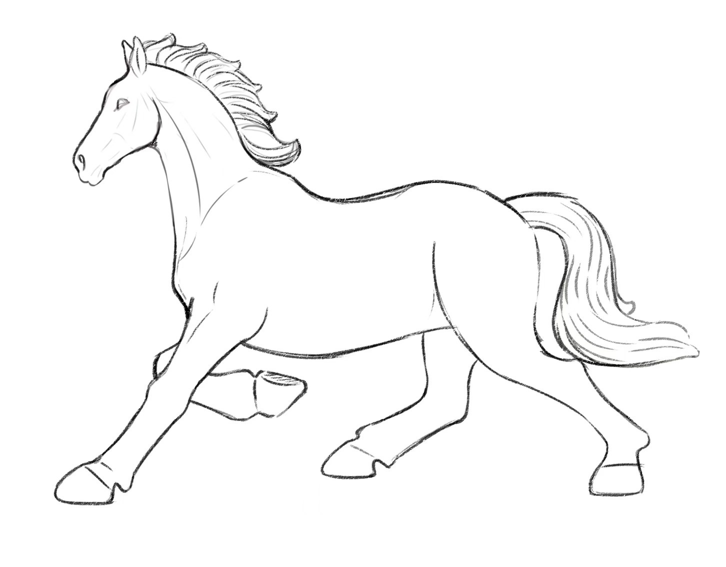 A hand-drawn dimensional drawing of a Tang Sancai horse, fixing the stance and proportions before modelling