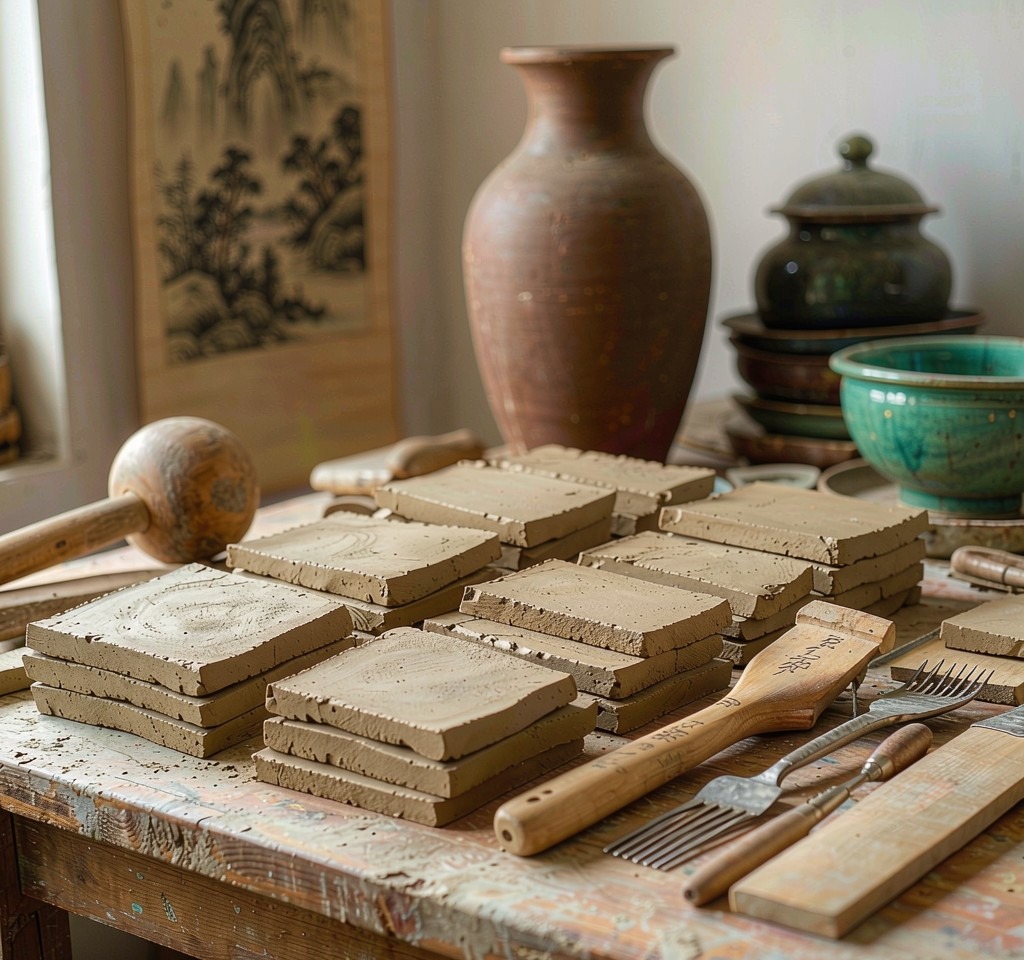 Rows of freshly cut clay slabs and tools on a workbench, preparing the body for Tang Sancai pieces
