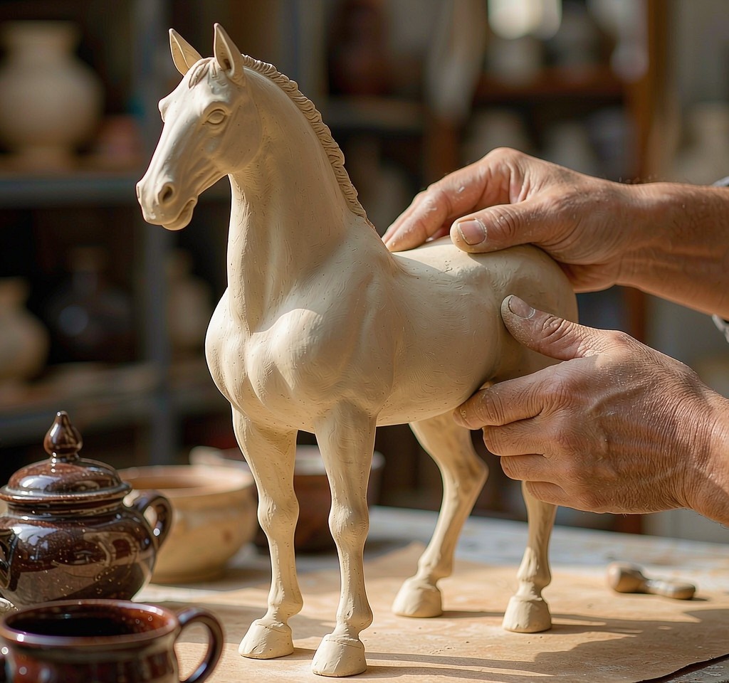 A ceramic artist shaping a clay form by hand at a workbench