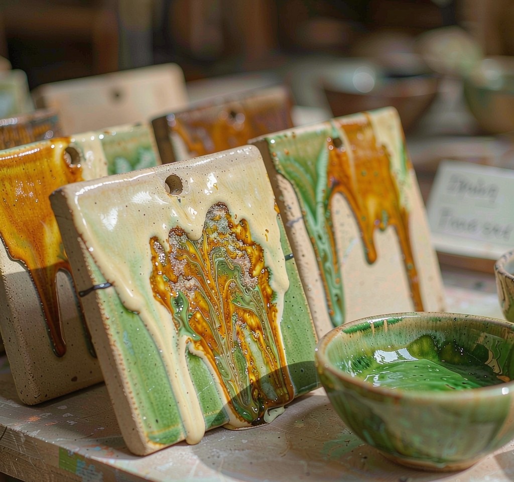 Close view of turquoise glazed ceramic bowls showing the depth and flow of the glaze