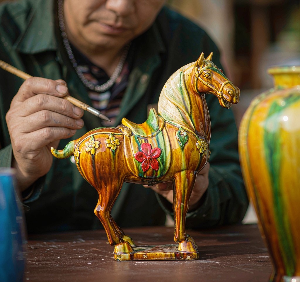 An artisan applying flowing amber and green glaze to a Tang Sancai horse with a fine brush
