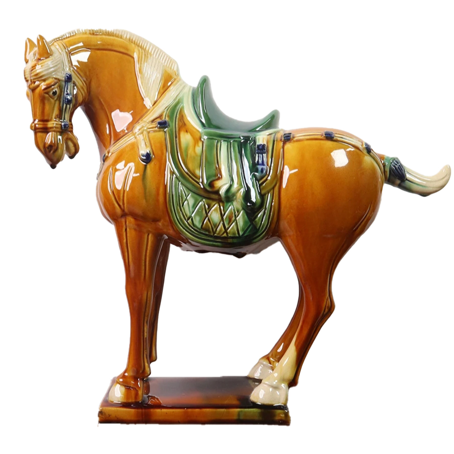 Large Tang Dynasty Tangsancai Glazed Ceramic Horse Statue Amber 16in