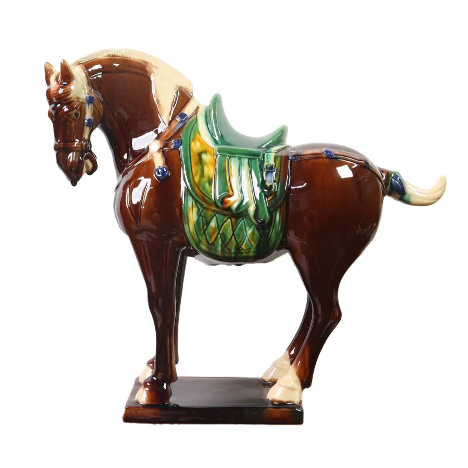 Large Tang Dynasty Tangsancai Glazed Ceramic Horse Statue Brown 16in