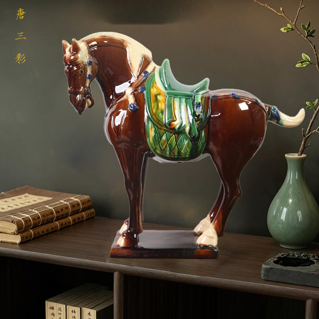 Large Tang Dynasty Tangsancai Glazed Ceramic Horse Statue Brown 16in 2