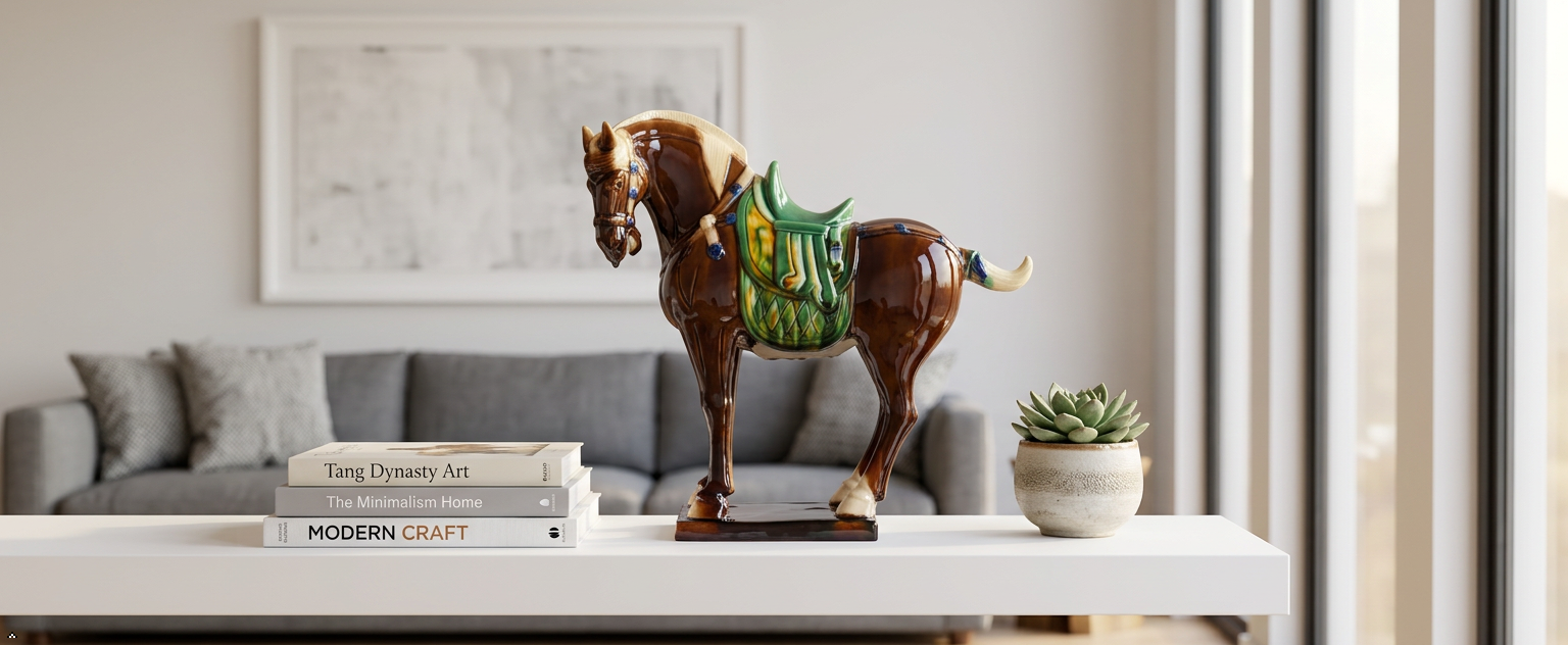 Large Tang Dynasty Tangsancai Glazed Ceramic Horse Statue Brown 16in