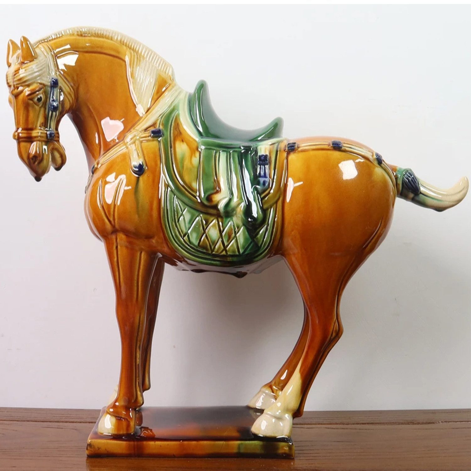 Large Tang Dynasty Tangsancai Glazed Ceramic Horse Statue Amber 16in 2