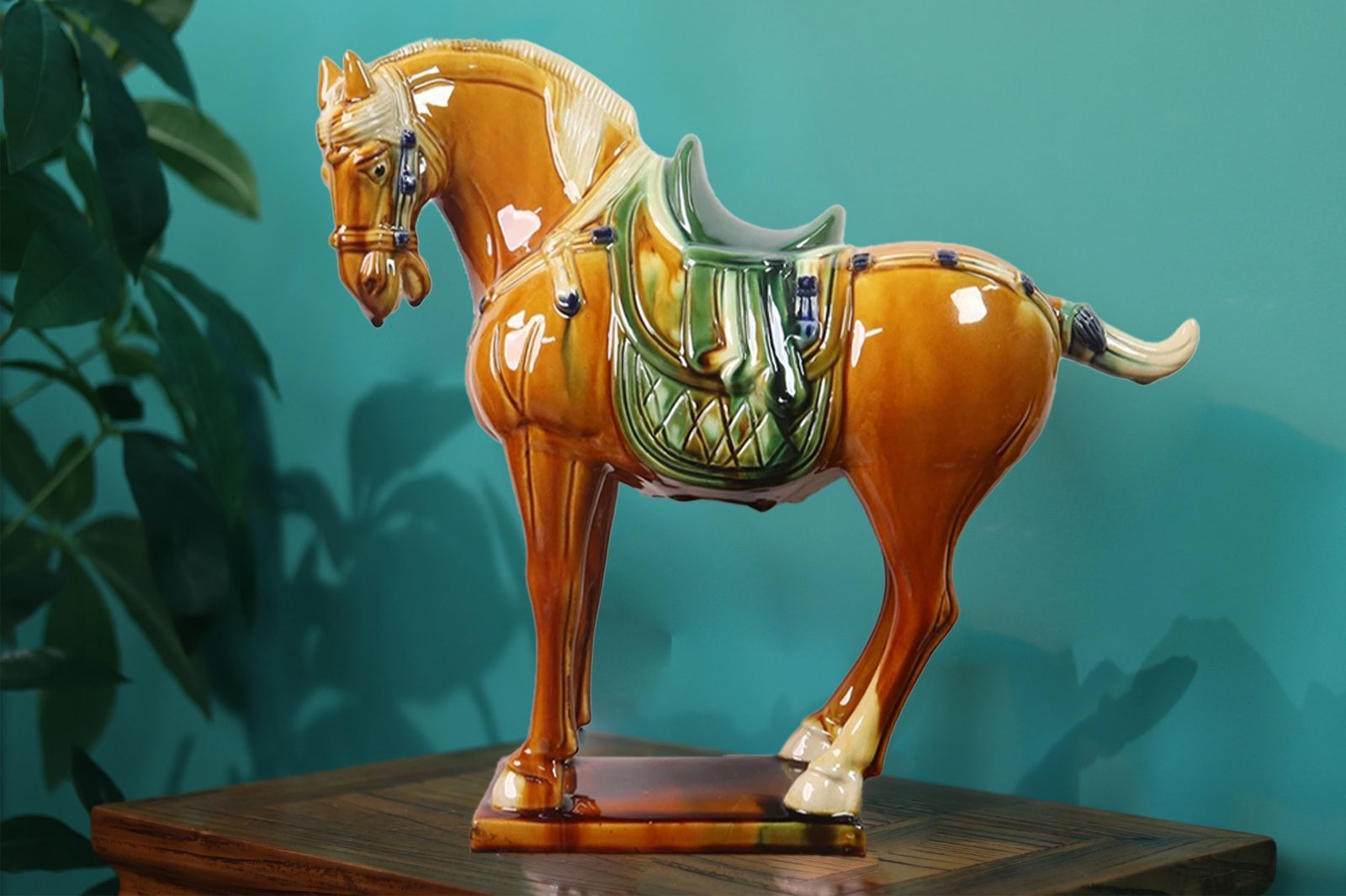 Large Tang Dynasty Tangsancai Glazed Ceramic Horse Statue Amber 16in 8