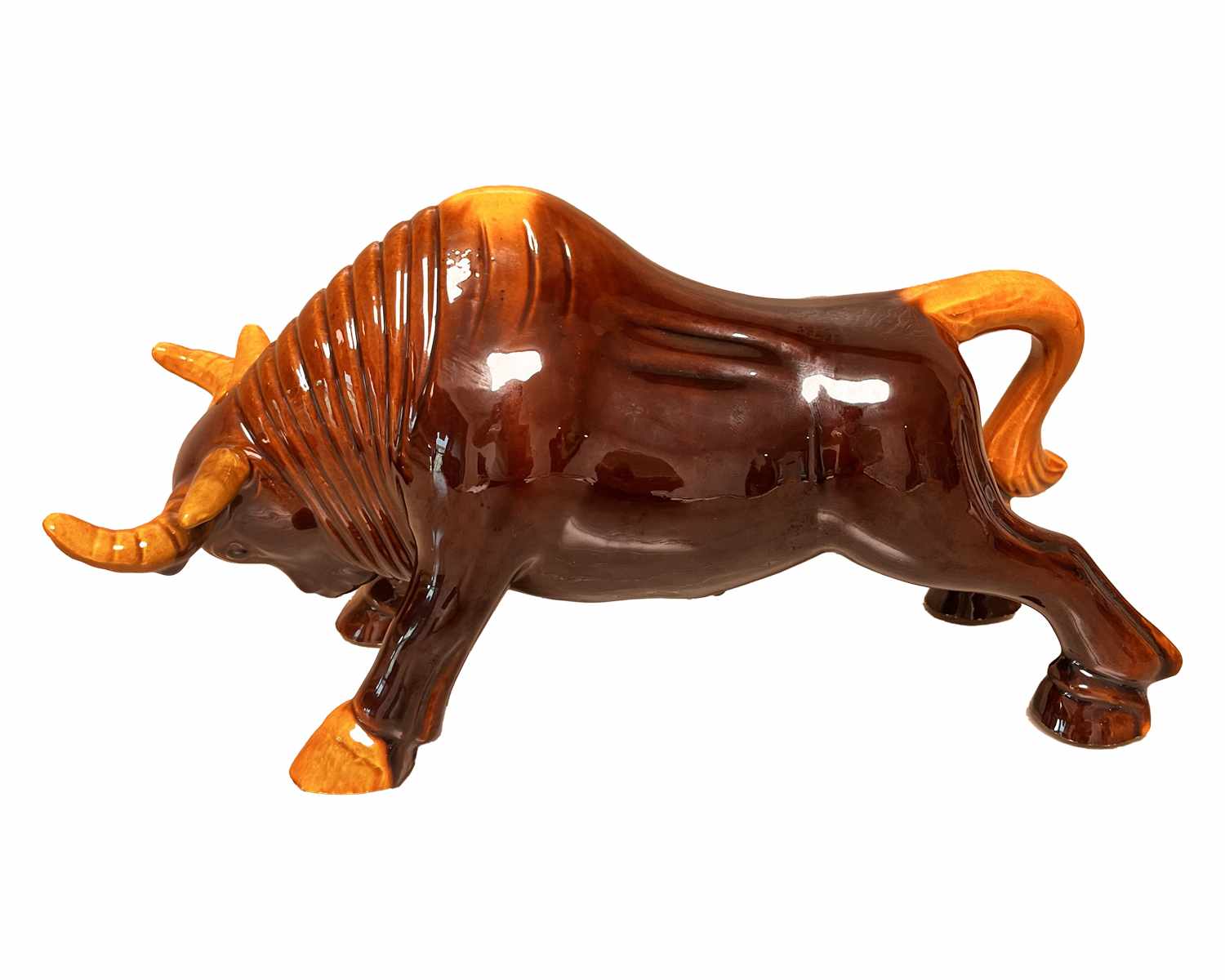 Decorative Ceramic Bull Figurine, Brown and Gold, Charging Pose, Home Decor 1