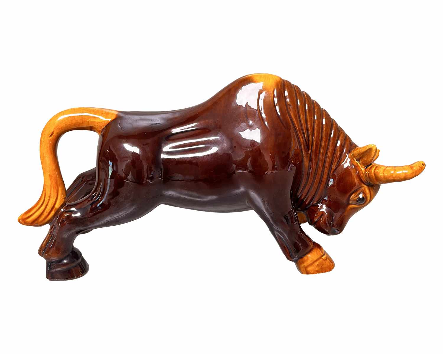 Decorative Ceramic Bull Figurine, Brown and Gold, Charging Pose, Home Decor 4
