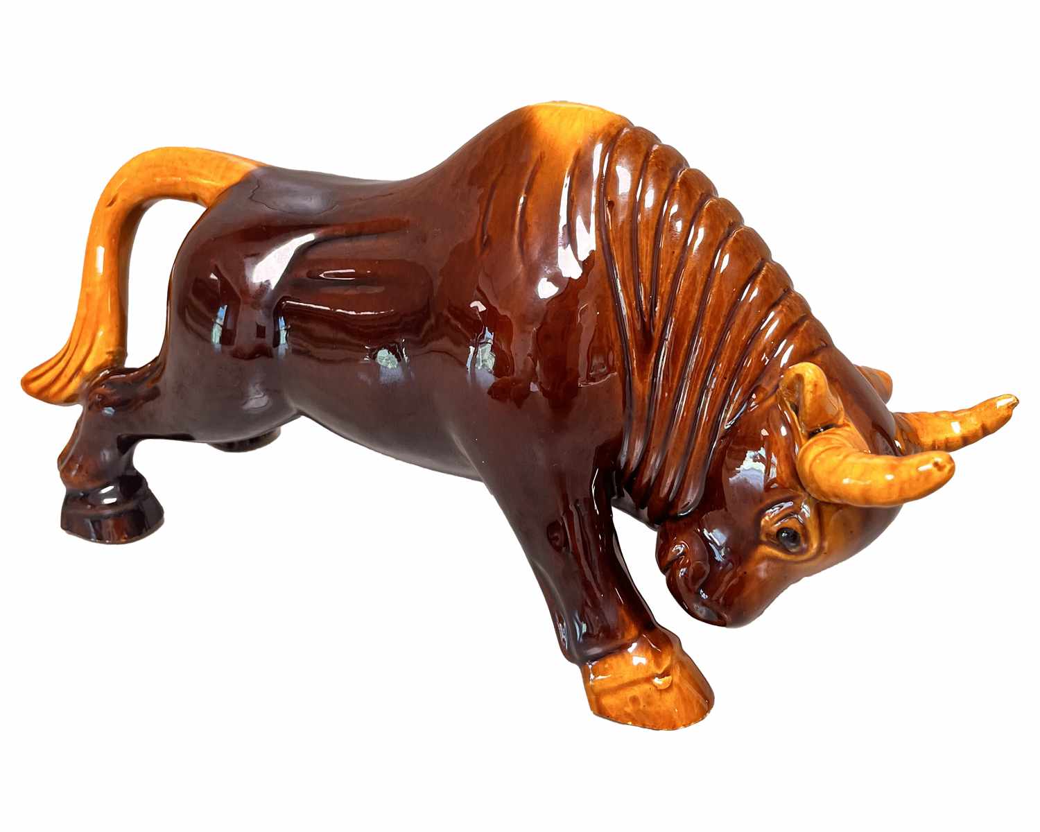 Decorative Ceramic Bull Figurine, Brown and Gold, Charging Pose, Home Decor 5